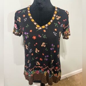 Johnny Was Black Multicolor Floral V-Neck Top